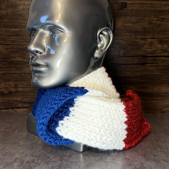 Red White Blue Hand Knit Scarf, Acrylic Winter Wrap, Football Inspired Cozy Accessory