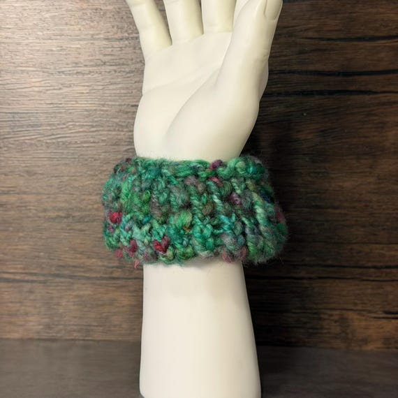 Mystic Canopy Green Purple Knit Scrunchie Handmade Woodland Hair Tie Boutique Accessory Cozy