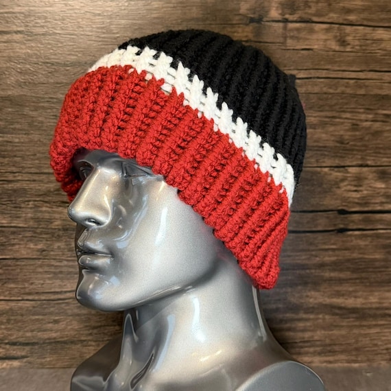Red White Black Mouse Inspired Hand Knit Hat Beanie Winter Cozy Accessory