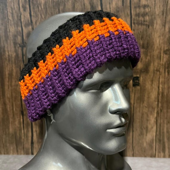 Halloween Knit Head Wrap, Purple Black Orange Ear Warmer, Handmade Fall Hair Accessory