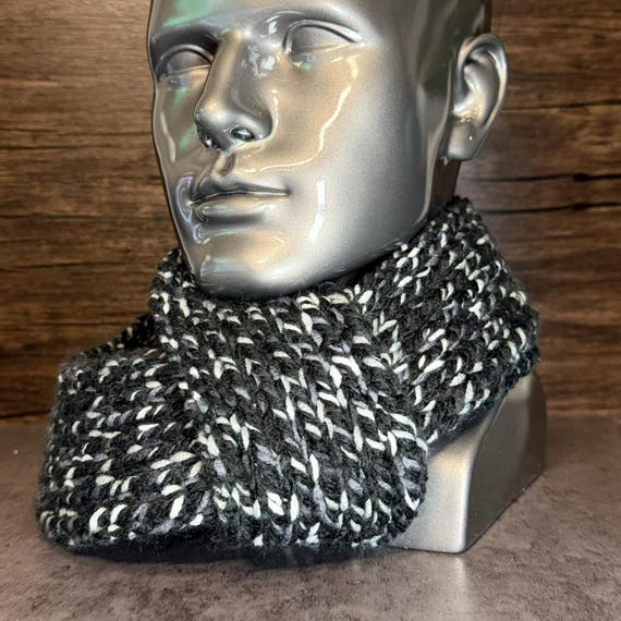 Black White Hand Knit Scarf, Chunky Acrylic Winter Wrap, Neutral Cozy Accessory