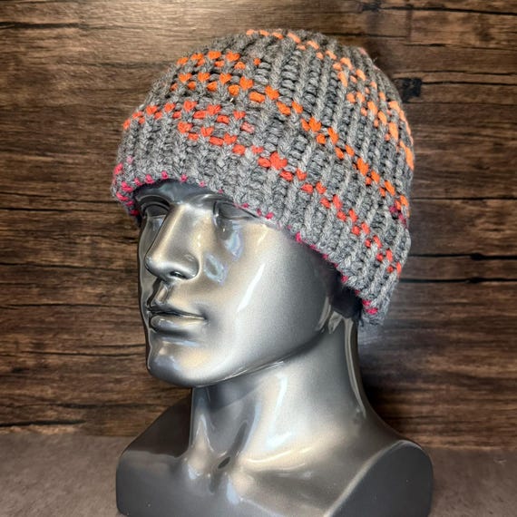 Gray Knit Beanie | Red Orange Pink Accent Hat | Handmade Cozy Winter Fashion Gift