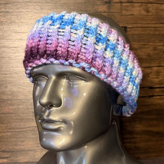 Handmade 100% Alpaca Ear Warmer | Blue & Purple Knit Headband | Cozy Winter Head Wrap