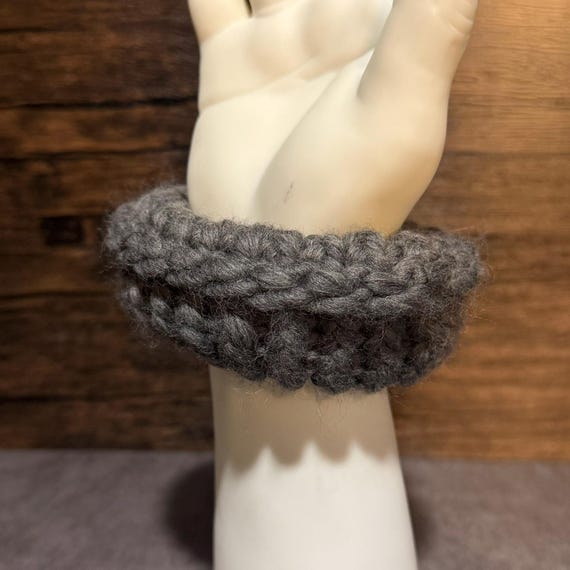Moonstone Knit Scrunchie, Silver Gray and Charcoal Hair Accessory, Handmade Merino Wool, Textured Hair Tie