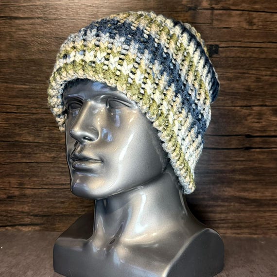 Blue River Hand Knit Beanie, River Rock Acrylic Hat, Cozy Winter Neutral Cap