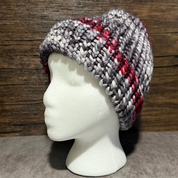 Velvet Thunder Kids Hat | Handmade Superwash Merino Wool Hat | Gray & Crimson Kids Beanie | Loom Knit Hat | One of a Kind