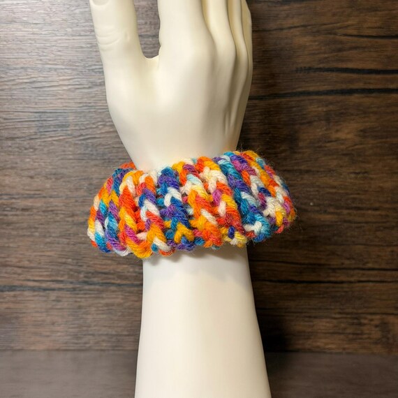 Hand-Knit Kaleidoscope Scrunchie | Colorful Acrylic Wool Blend Hair Accessory