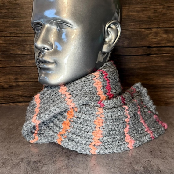 Gray Knit Scarf | Red Orange Pink Colorblock Wrap | Handmade Cozy Winter Accessory