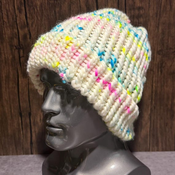 Pastel Mayhem Handmade Merino Wool Hat Neon Confetti Cream Chunky Cozy Winter Knit Gift