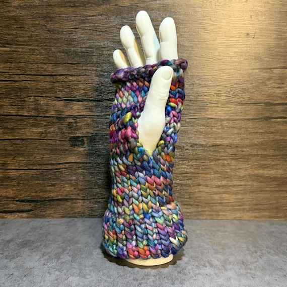 Abstract Canvas Fingerless Gloves, Colorful Merino Wool Knit Hand Warmers, Handmade Rainbow Gloves