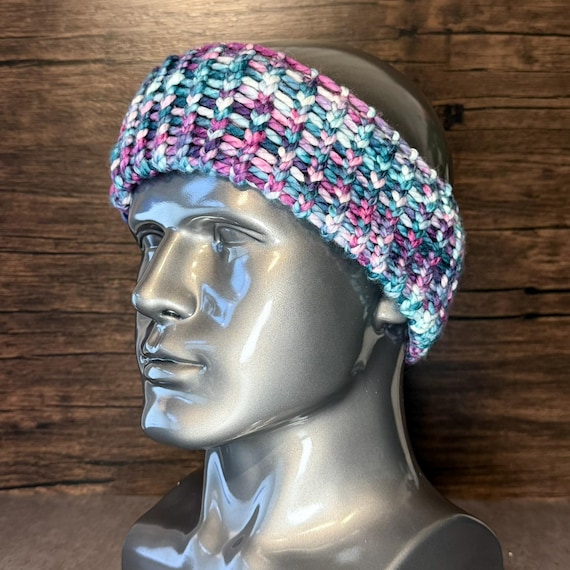 Aurora Borealis Teal Fuchsia Purple Blue Handmade Knit Head Wrap Cozy Winter Band
