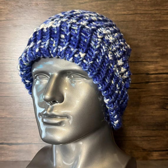Midnight Harbor Handmade Merino Wool Chunky Beanie Blue Marled Winter Unisex Cozy Warm
