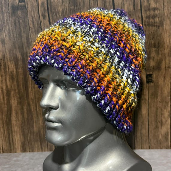 Handmade Halloween Knit Hat, Purple Orange Black Chunky Beanie, Spooky Autumn Winter Accessory, Cozy