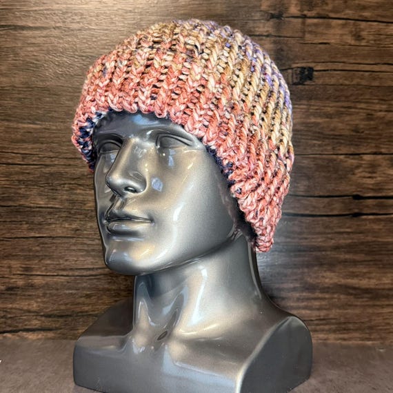 Handmade Soft Colorblock Beanie Periwinkle Red Tan White Cozy Winter Knit Hat Accessories Statement