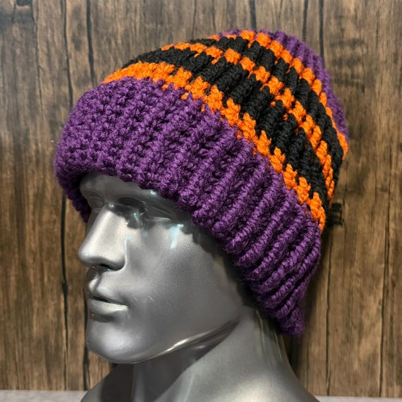 Halloween Knit Hat, Purple Orange Black Color Block Beanie, Handmade Fall Winter Accessory