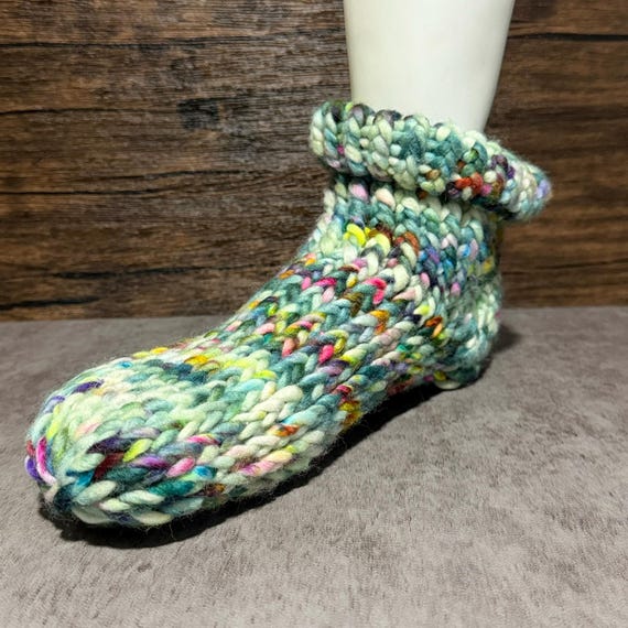 Wildflower Riot Slipper Socks, Chunky Hand Knit Merino Wool Socks, Colorful Cozy Handmade Lounge Footwear