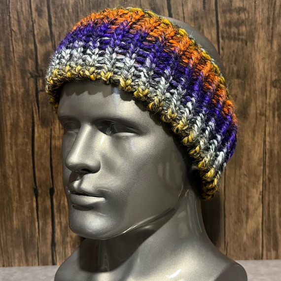 Handmade Halloween Knit Head Wrap, Purple Orange Black Ear Warmer, Spooky Autumn Accessory