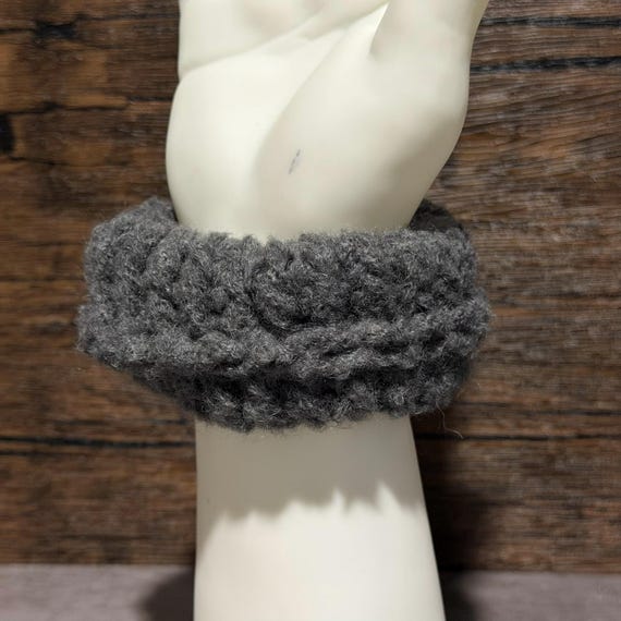 Hand Knit Charcoal Gray Wool Blend Scrunchie, Textured Hair Tie Accessory