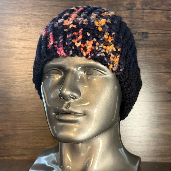 Midnight Rainbow Knit Beanie Dark Colorful Handmade Winter Cozy Pride Inspired Accessory