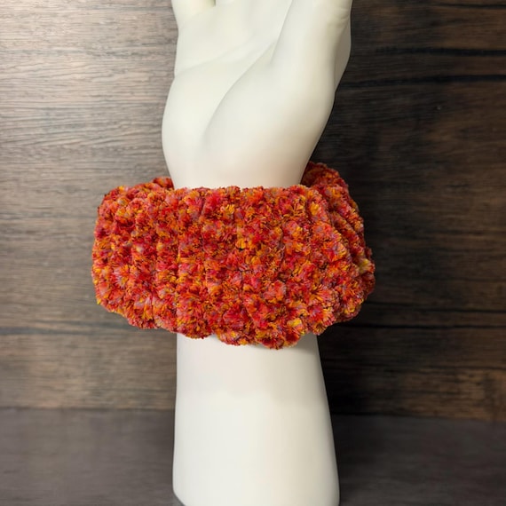 Campfire Glow Plush Knit Scrunchie Soft Colorful Handmade Hair Accessory Cozy Gift Stretchy Unique