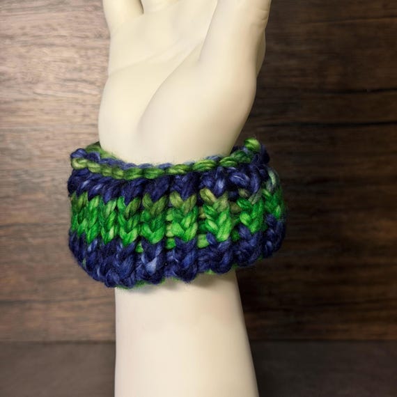 Handmade Blue & Green Scrunchie | Cozy Knit Hair Accessory | Soft Knit Ponytail Holder