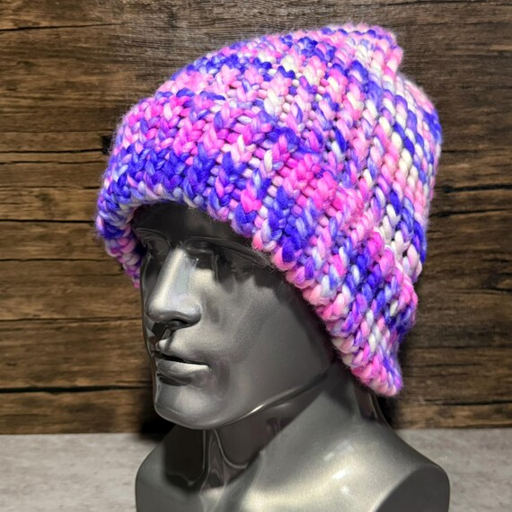 Neon Nebula Chunky Merino Wool Knit Hat Pink Purple White Handmade Winter Beanie Cozy