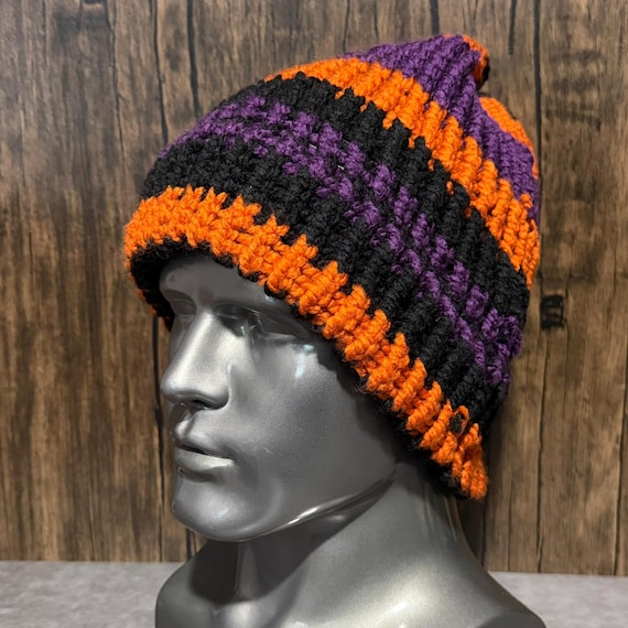 Halloween Knit Hat, Purple Black Orange Striped Beanie, Handmade Spooky Season Winter Accessory