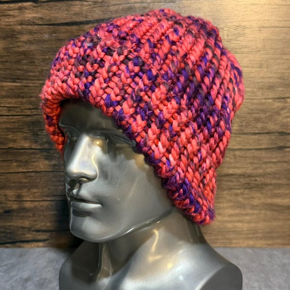 Hand Knit Adult Hat, Coral Orange Purple Beanie, Colorful Winter Accessory