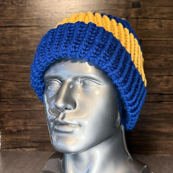 Blue Gold Hand Knit Hat Acrylic Beanie, Hockey Inspired Winter Cozy Accessory