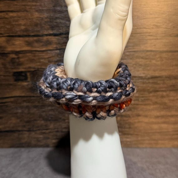 Rust Belt Merino Wool Scrunchie | Handmade Chunky Knit Hair Accessory | Charcoal, Rust & Caramel