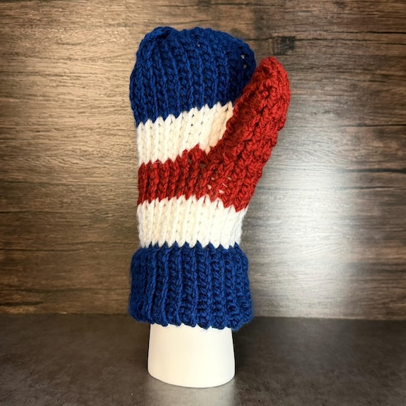 Red White Blue Handknit Mittens Cozy Football Inspired Winter Gloves Warm Tailgate Accessories Handmade