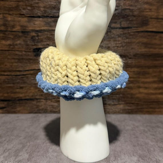Patchwork Sky Textured Scrunchie Blue Cream Yellow Cozy Hair Accessory Handmade Sideshow Knitting Gift