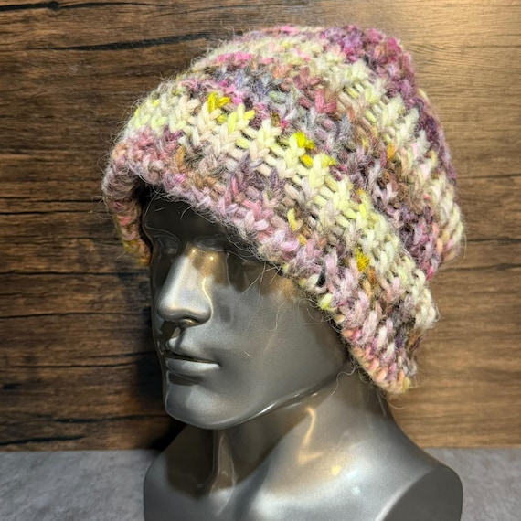 Radioactive Daydream Hand Dyed Icelandic Wool Hat Colorful Handmade Beanie Unique Bulky Winter Accessory