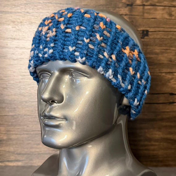 Hand Knit Blue Speckled Head Wrap – Cozy Winter Earwarmer Accessory
