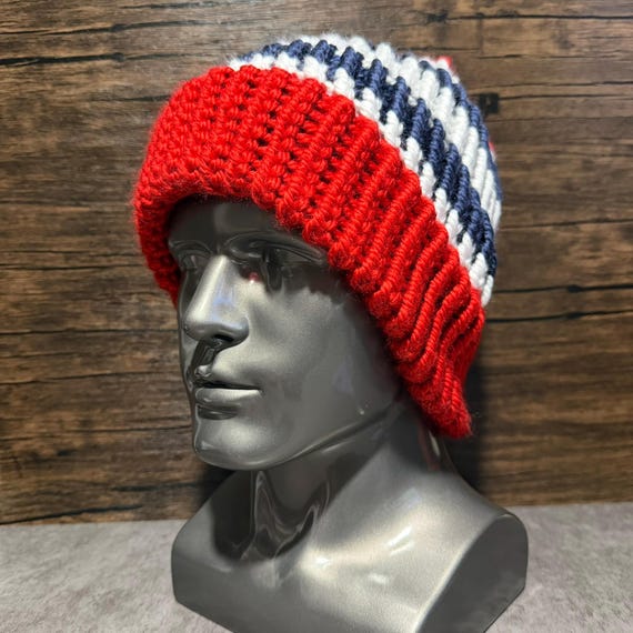 Red White Blue Knit Hat Buffalo Football Inspired Beanie Queen City Winter Accessory Gift