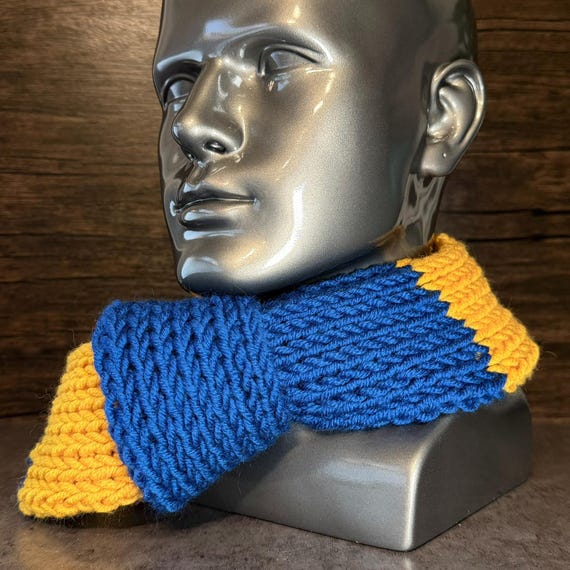 Blue Gold Hand Knit Scarf, Acrylic Winter Wrap, Hockey Inspired Cozy Accessory