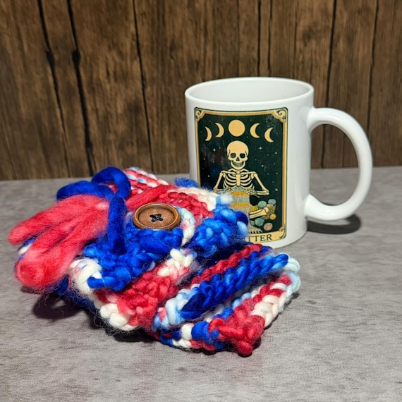 Handmade Knit Coffee Reserve Set, Mug Wrap and Mug Rug, Superwash Merino Wool, Game Day Gift