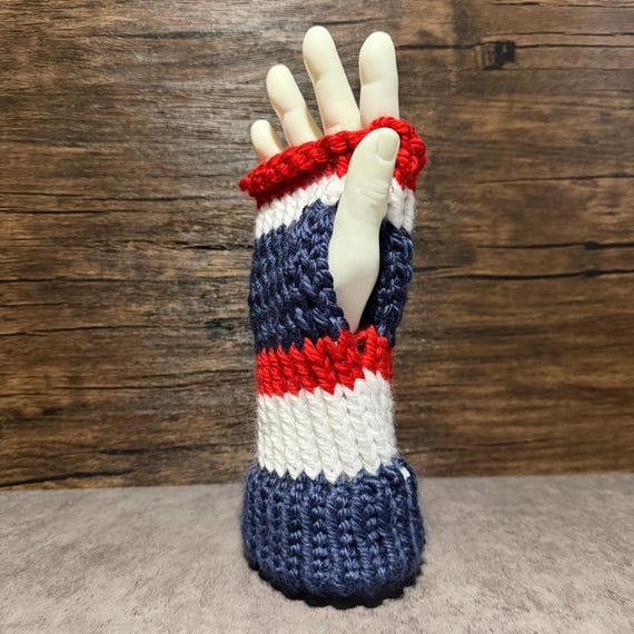 Red White Blue Fingerless Gloves Buffalo Football Inspired Hand Warmers Queen City Knit Gift