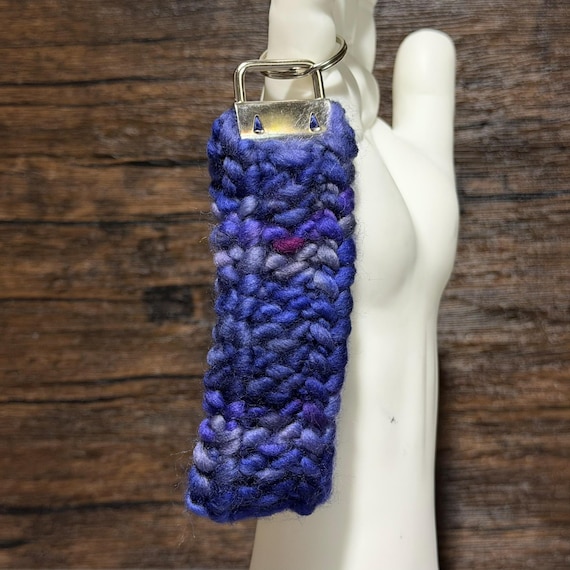 Hand Knit Merino Wool Keychain Blue Key Fob Handmade Wristlet Gift Unique Accessory Luxury
