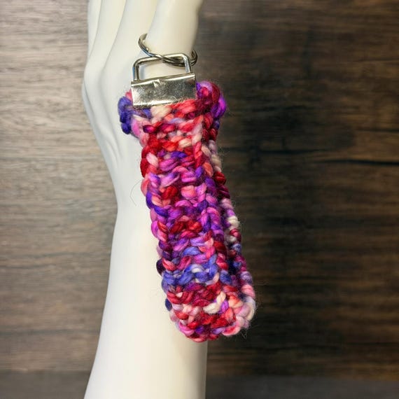 Purple Pink Crimson Handmade Knitted Key Fob Wristlet Bold Cozy Colorful Everyday Accessory Gift