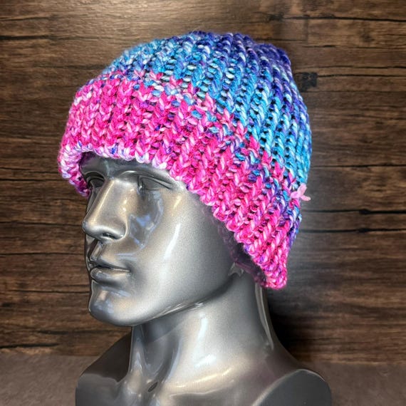 Blue Tie-Dye Hand Knit Hat, Acrylic Winter Beanie, Cozy Accessory