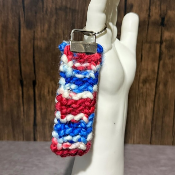 Handmade Knit Key Fob, Superwash Merino Wool Wristlet, Red Blue White Accessory, Game Day