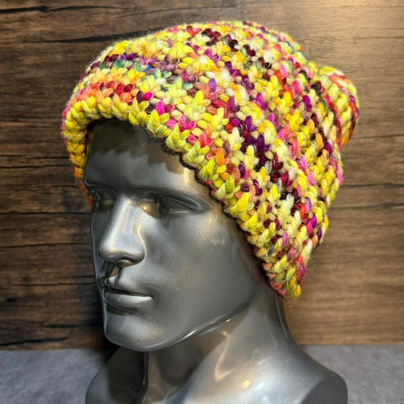 Neon Clown Hand Dyed Wool Hat, Handmade Colorful Knit Beanie, One of a Kind Chunky Winter Hat