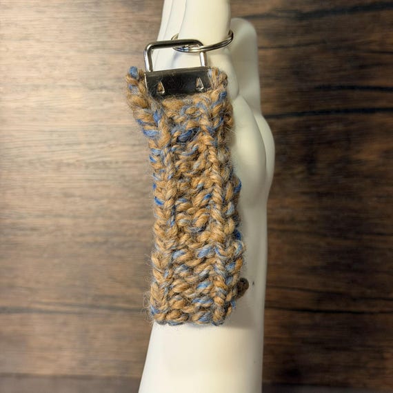 Handmade Alpaca Knit Key Fob Wristlet Blue Gray Keychain Cozy Natural Fiber Gift Accessory