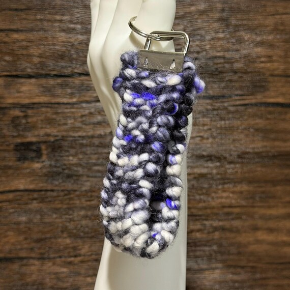 Midnight Storm Hand Knit 100% Superwash Merino Wool Key Fob Black Gray Purple Cream