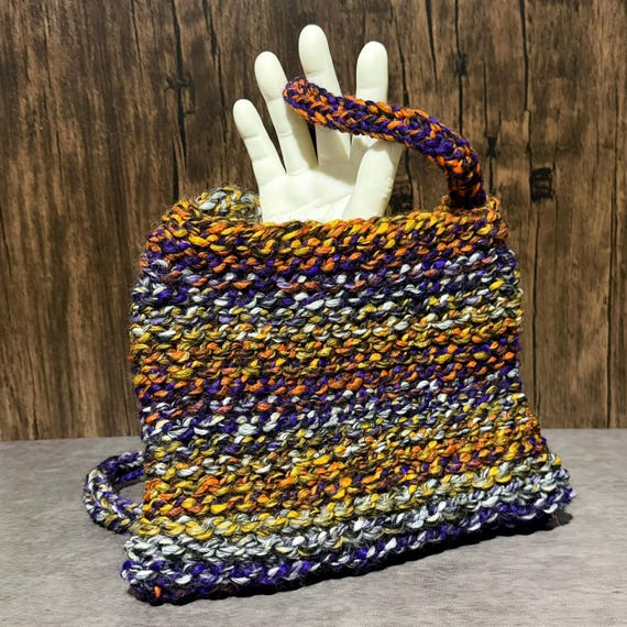 Handmade Halloween Crossbody Bag, Purple Orange Black Knit Purse, Spooky Autumn Accessory