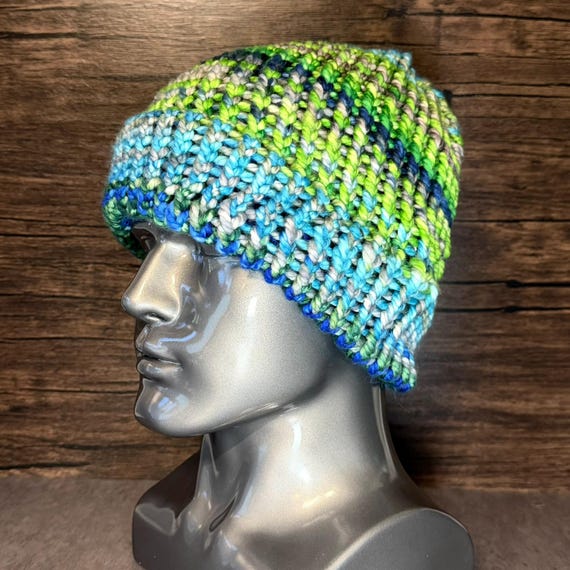 Neon Turtle Inspired Hand Knit Beanie Lime Blue Gray Cozy Streetwear Winter Accessory