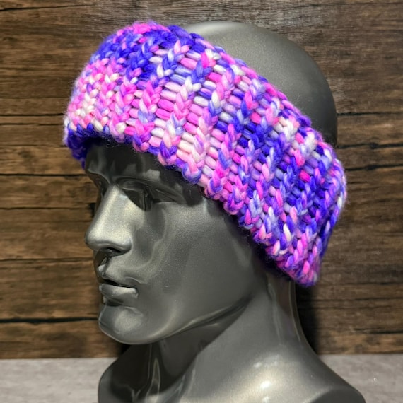 Neon Nebula Merino Wool Knit Head Wrap Pink Purple White Handmade Cozy Winter Accessory