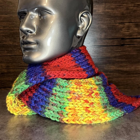Rainbow Hand Knit Scarf Colorful Winter Wrap Cozy Chunky Statement Accessory