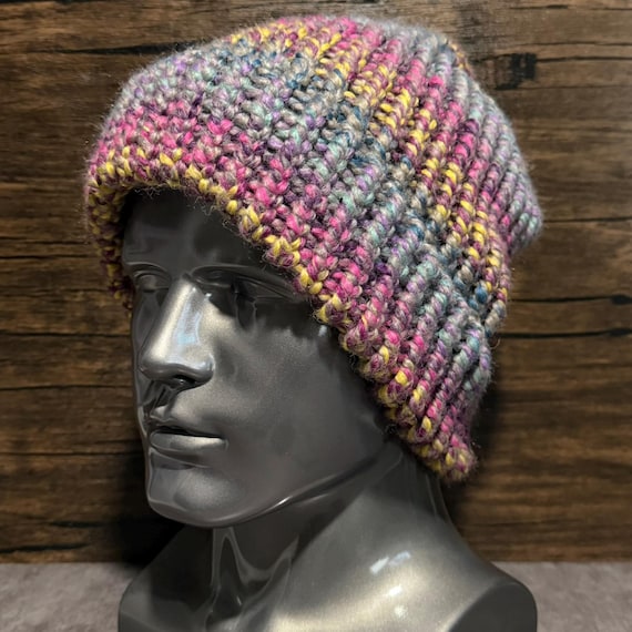 Painted Cosmos Hand Knit Hat, Colorful Bulky Wool Blend Beanie, Cozy Handmade Winter Accessory